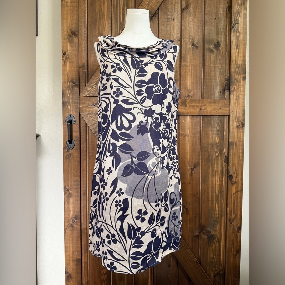 Nwt Lina Tomei Italy Made Dress Sz Small 100% Linen Beige & Navy Midi Summer New